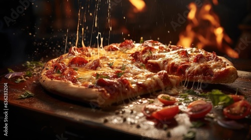 full pizza with vegetables and meat on wooden table with blur background