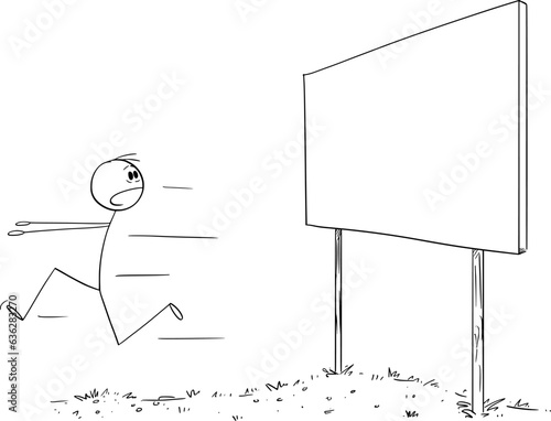 Shocked Person Running Away from Billboard or Sign, Vector Cartoon Stick Figure Illustration