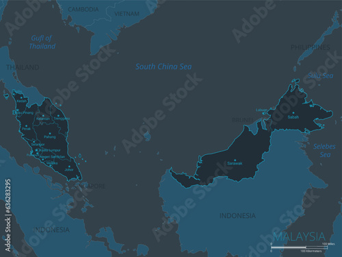 Malaysia map. High detailed map of Malaysia with countries, borders, cities, water objects. Vector illustration EPS10