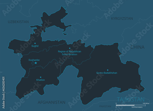 Tajikistan map. High detailed map of Tajikistan with countries, borders, cities, water objects. Vector illustration EPS10