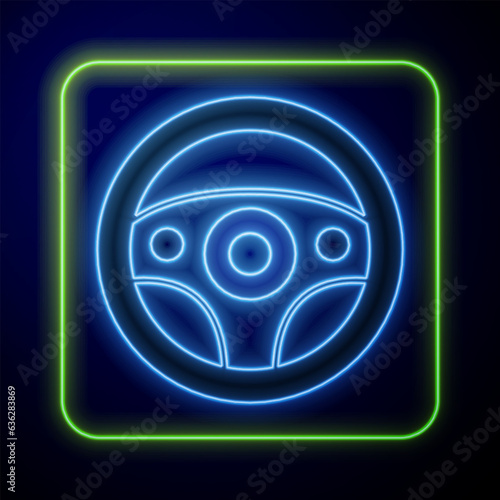 Glowing neon Steering wheel icon isolated on blue background. Car wheel icon. Vector