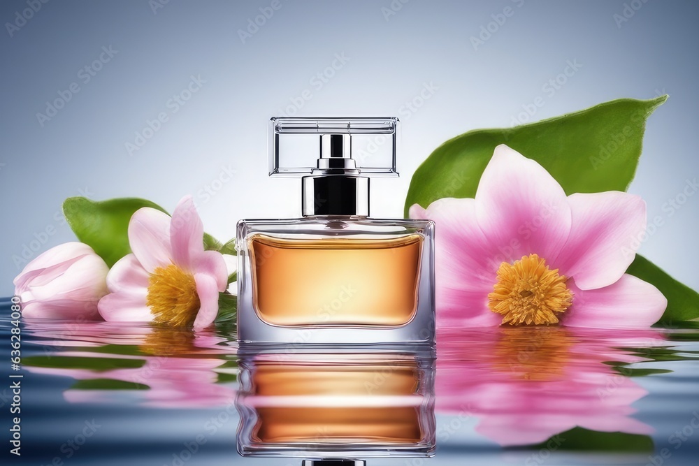 bottle of perfume with flower bottle of perfume with flower
