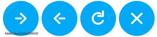 blue web button icon set, next page, previous page, reload or refresh button, and close or stop button	