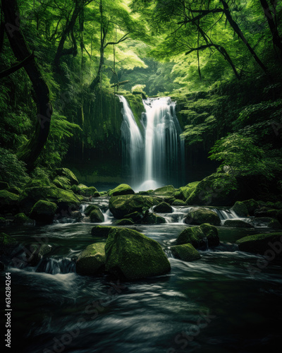 Panoramic beautiful deep forest waterfall photo