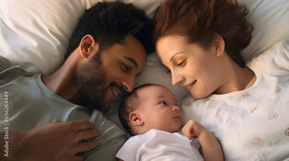 Mixed race young family couple lying in bed bonding with cute infant girl. Happy multiracial parents relaxing waking up in the morning playing with small baby daughter in bedroom at home, top view Mixed race young family couple lying in bed bonding with cute infant girl. Happy multiracial parents relaxing waking up in the morning playing with small baby daughter in bedroom at home, top view
