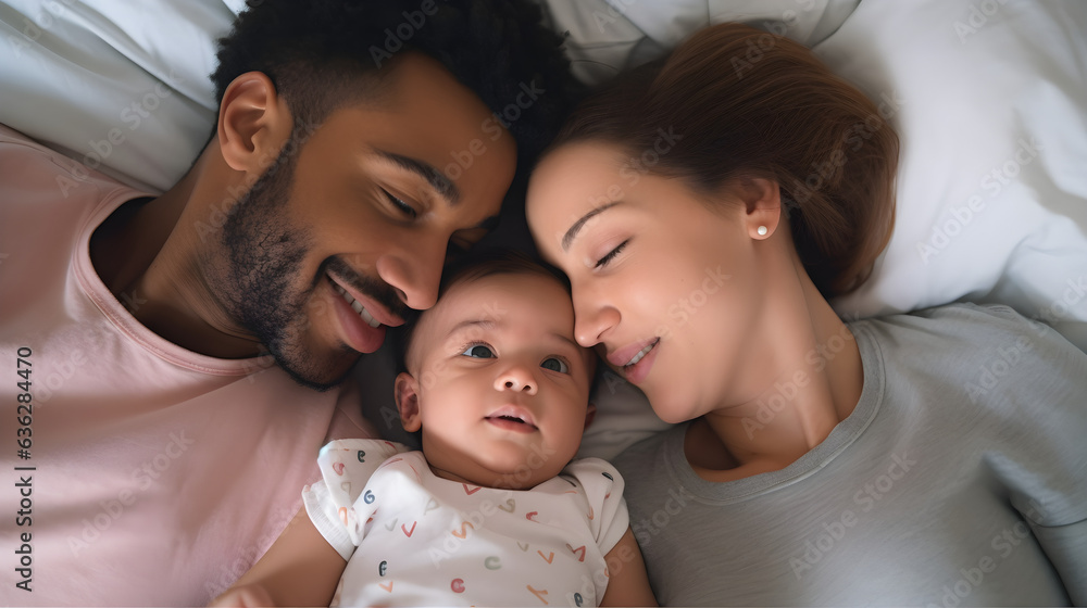 Baby Racial Mixed race young family couple lying in bed bonding with cute infant ...