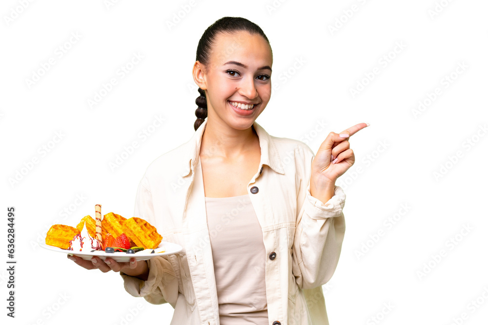 Young Arab woman holding waffles over isolated background pointing finger to the side Young Arab woman holding waffles over isolated background pointing finger to the side