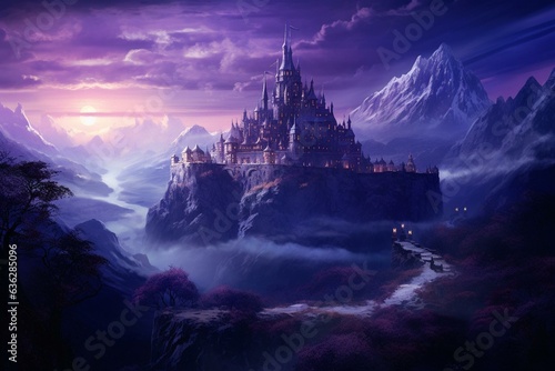 An ancient stronghold on a hill illuminated by a purple glow. Generative AI