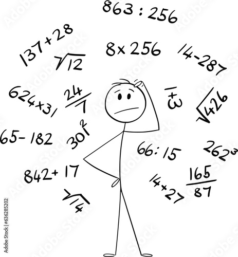 Person or Student Thinking About Numbers and Mathematical Formulas, Share or Sale, Vector Cartoon Stick Figure Illustration