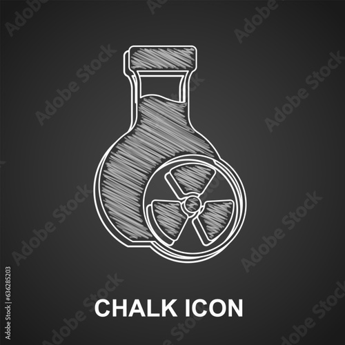 Chalk Laboratory chemical beaker with toxic liquid icon isolated on black background. Biohazard symbol. Dangerous symbol with radiation icon. Vector