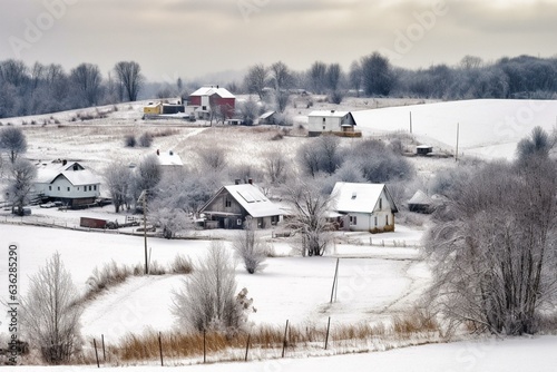 Snowy landscape surrounding a village during winter. Generative AI
