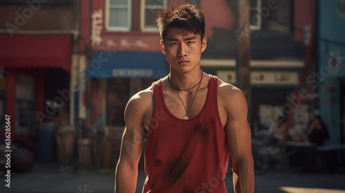 chinese basketball player in his early 20s, in a red hoodie and basketball shorts