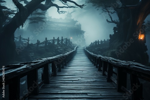 Ethereal walkways wooden paths blend with thick fog, conjuring an otherworldly realm Generative AI