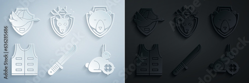 Set Hunter knife, Bear head on shield, Hunting jacket, rabbit with crosshairs, Deer antlers and Flying duck icon. Vector
