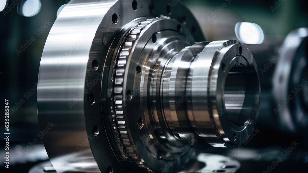 Precision Engineering in Action: Captivating Macro View of a Gleaming Speed Reducer Casing amidst Industrial Workers on the Factory Floor Precision Engineering in Action: Captivating Macro View of a Gleaming Speed Reducer Casing amidst Industrial Workers on the Factory Floor