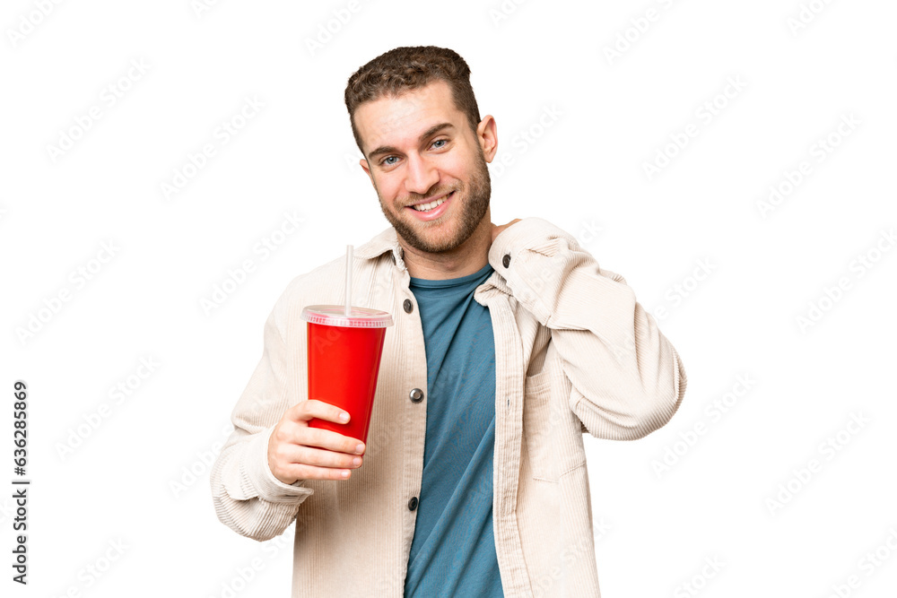 Young handsome blonde man holding soda over isolated chroma key background laughing Young handsome blonde man holding soda over isolated chroma key background laughing