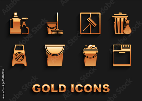 Set Bucket, Trash can and garbage bag, Washer, with foam bubbles, Wet floor cleaning in progress, Squeegee, scraper, wiper, Plastic bottles for liquid dishwashing liquid and Mop bucket icon. Vector
