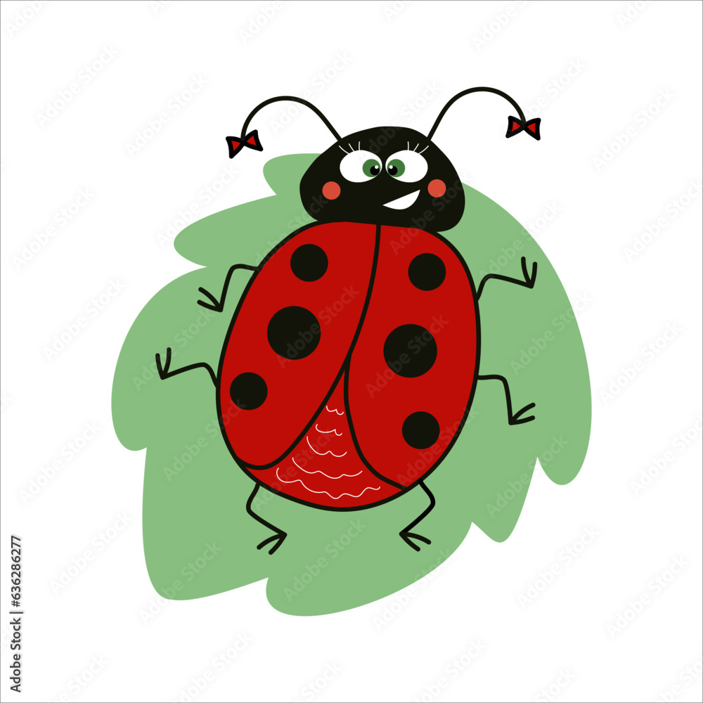 Cartoon funny ladybug with bows on a leaf. Vector doodle illustration Cartoon funny ladybug with bows on a leaf. Vector doodle illustration