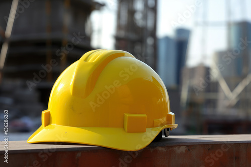 Ensuring Safety and Durability: A Close-up of a Yellow Hard Hat amidst a Construction Site