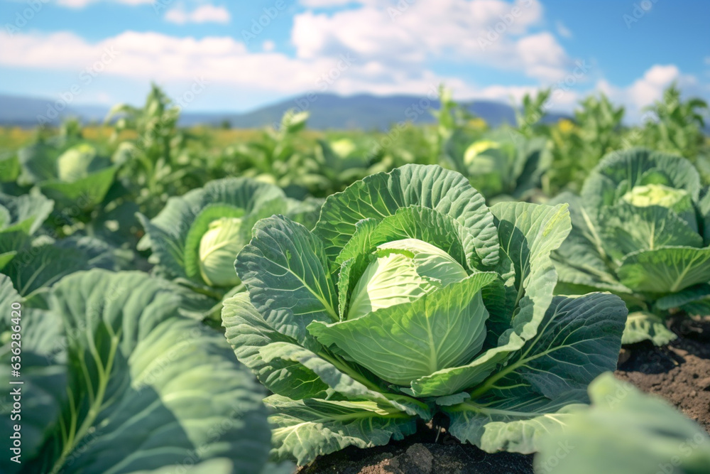 Growing organic vegetables and eco-friendly products. Rows of cabbage plantation grow in a field under the rays of the sun. Generative AI Growing organic vegetables and eco-friendly products. Rows of cabbage plantation grow in a field under the rays of the sun. Generative AI