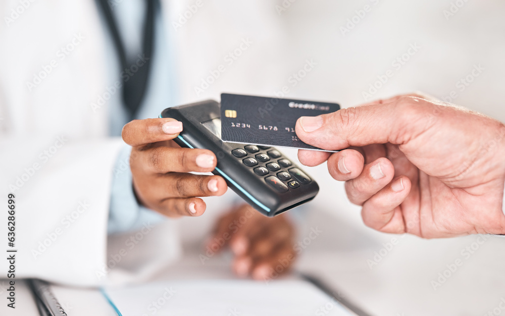 Pharmacist hands, credit card payment and closeup for healthcare, medicine and sales for prescription drugs. Pharmaceutical expert, customer and machine for pos, shopping and fintech for wellness Pharmacist hands, credit card payment and closeup for healthcare, medicine and sales for prescription drugs. Pharmaceutical expert, customer and machine for pos, shopping and fintech for wellness