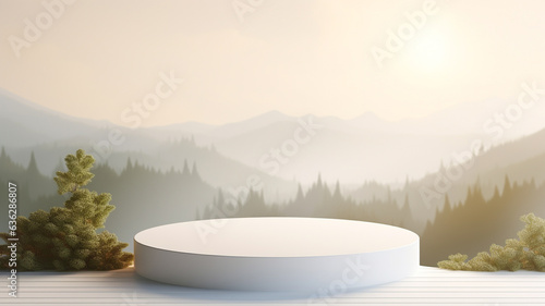 3d luxury white podium with blue nature background for your luxury product.Generative AI