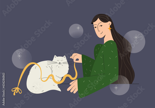 Woman having fun playing with cat vector illustration.
