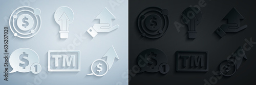 Set Trademark, Money on hand, Speech bubble with dollar, Financial growth coin, Light bulb and Target symbol icon. Vector