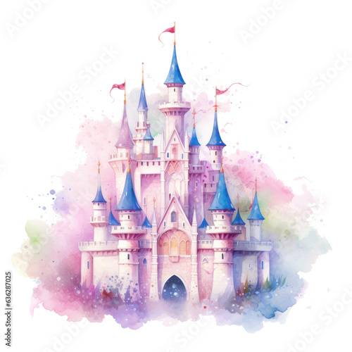 Watercolor princess castle isolated