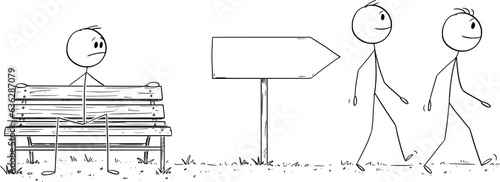 Person Sitting on Park Bench and Procrastinating , Vector Cartoon Stick Figure Illustration