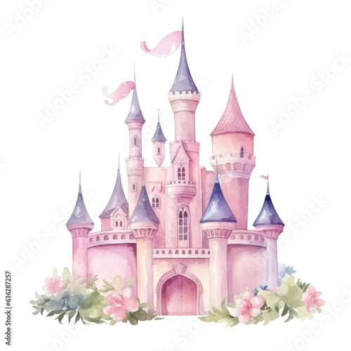 Watercolor princess castle isolated