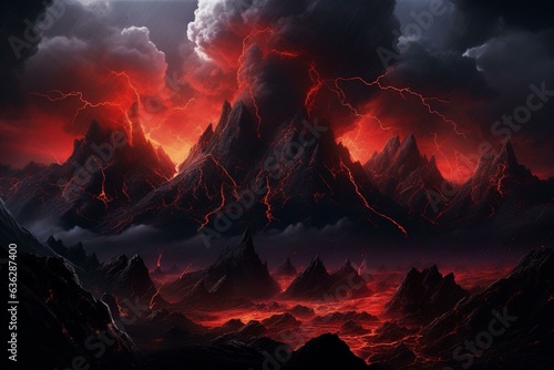 A thunderbolt illuminates the craggy peaks of the Rocky Mountains amidst flowing lava. Generative AI