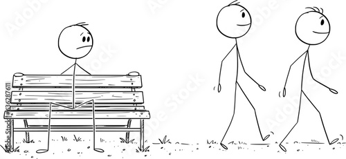 Person Sitting on Park Bench and Procrastinating , Vector Cartoon Stick Figure Illustration