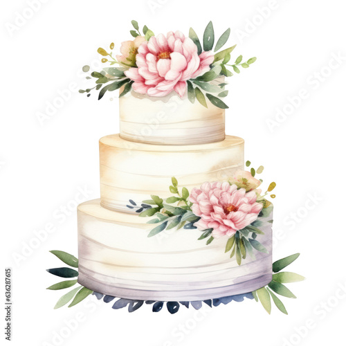 Watercolor wedding cake with flowers isolated.