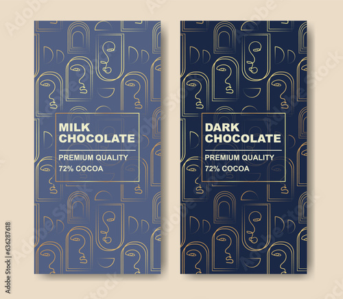 Organic chocolate bar golden design. Abstract choco packaging vector mockup.