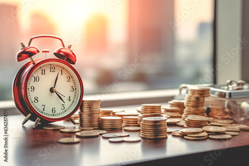 Alarm clock and stacked coins on wooden desk on the background of business buildings. Concept of opportunity cost time, business planning and finance. Time for saving concept. Generative AI