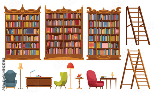 Library furniture interior with bookcases, book shelves. Interior luxury library with wooden furniture. Vintage furniture and wooden cabinet racks. Cozy place for litareture collection
