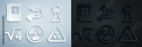 Set Radioactive, Test tube and flask, Square root of 4 glyph, Triangle with radiation, and Electrical panel icon. Vector