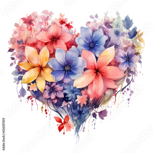 Watercolor Flowers in Shape of Heart isolated