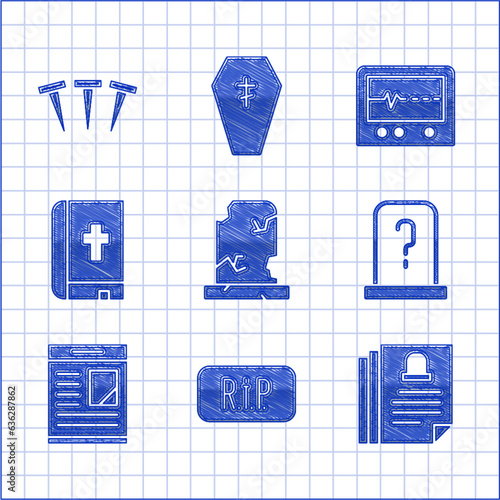 Set Old grave with tombstone, Speech bubble rip death, Death certificate, Grave, Obituaries, Holy bible book, Beat dead in monitor and Metallic nails icon. Vector