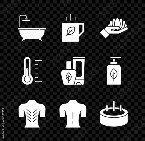 Set Bathtub, Cup of tea and leaf, Lotus flower, Massage, Swimming pool with ladder, Sauna thermometer and Ointment cream tube icon. Vector