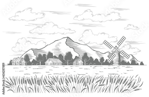Rural landscape field wheat. Vintage meadow with high mountains and clouds, village vintage sketch. Hand drawn farm land vector illustration