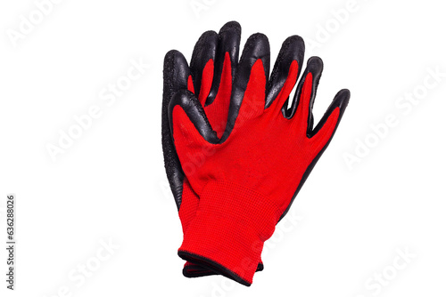 Red plastic gloves isolated on white background. garden cloth gloves, clipping path