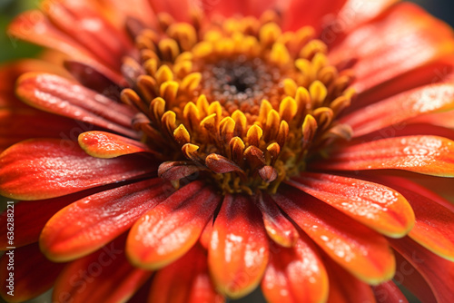 Close-up of a red zinnia flower growing in a garden. Macro petals of a zinnia flower growing in a flower bed. Generative AI