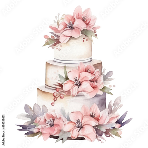 Watercolor wedding cake with flowers isolated.