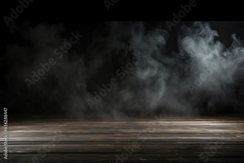 Wooden floor and smoke on a black background. Mock up design