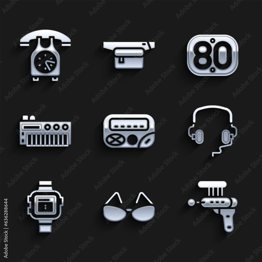 Set Pager, Glasses, Ray gun, Headphones, Wrist watch, Music synthesizer, 80s Retro and Telephone handset icon. Vector Set Pager, Glasses, Ray gun, Headphones, Wrist watch, Music synthesizer, 80s Retro and Telephone handset icon. Vector