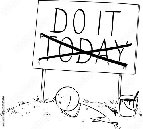 Person Is Sleeping and Procrastinating, Vector Cartoon Stick Figure Illustration