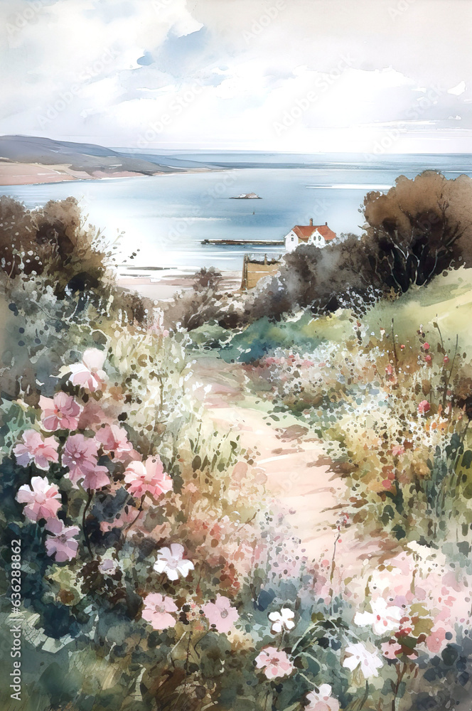 Watercolor illustration of a path with flowers on the background of the seashore.