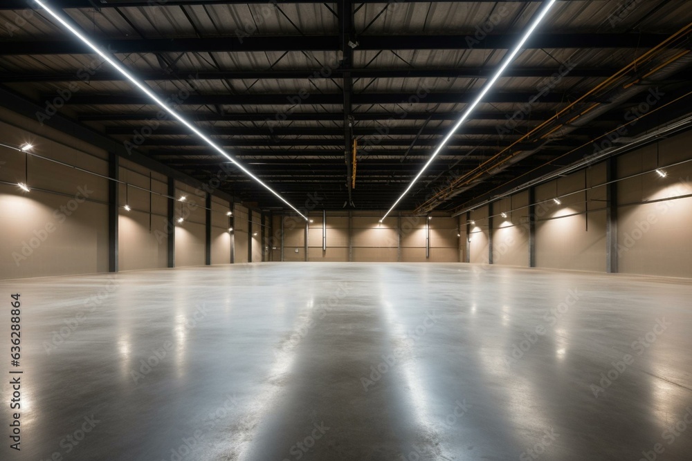 Spacious industrial warehouse with advanced LED lighting. Generative AI